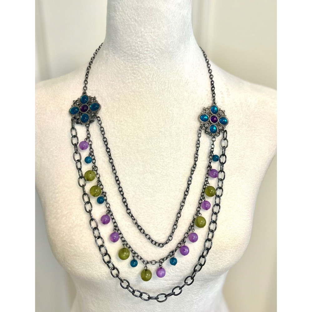 Simply Vera multi strand dark metal gemstone beads necklace statement glam boho